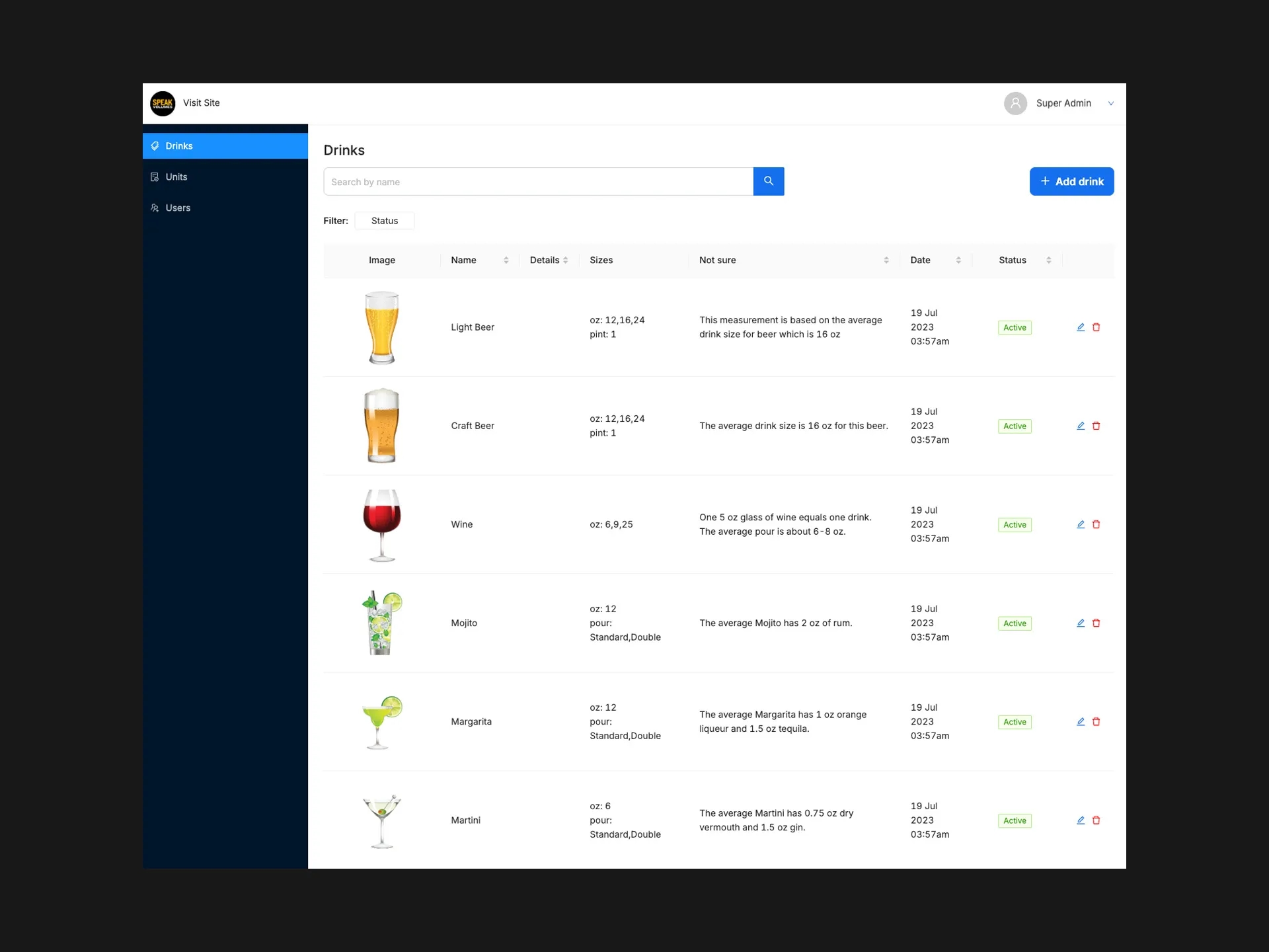 Screenshot of the Alculator app’s admin dashboard showing a clean, user-friendly interface with a searchable, custom-built database of drink types, sizes, and alcohol content details used to power the public safety tool.