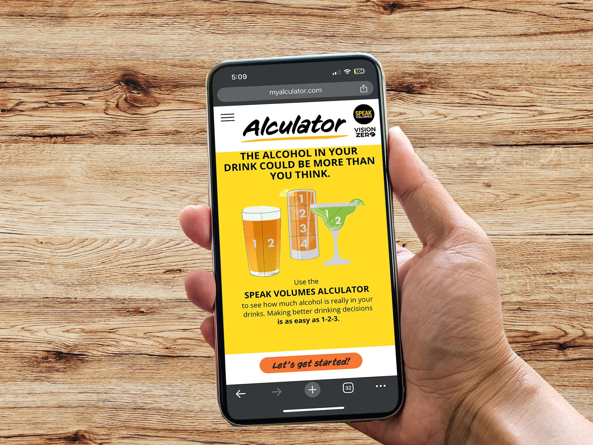 Mobile view of the Speak Volumes Alculator homepage, featuring colorful drink illustrations and a bold message about understanding alcohol content to make safer choices, built by LXE Digital