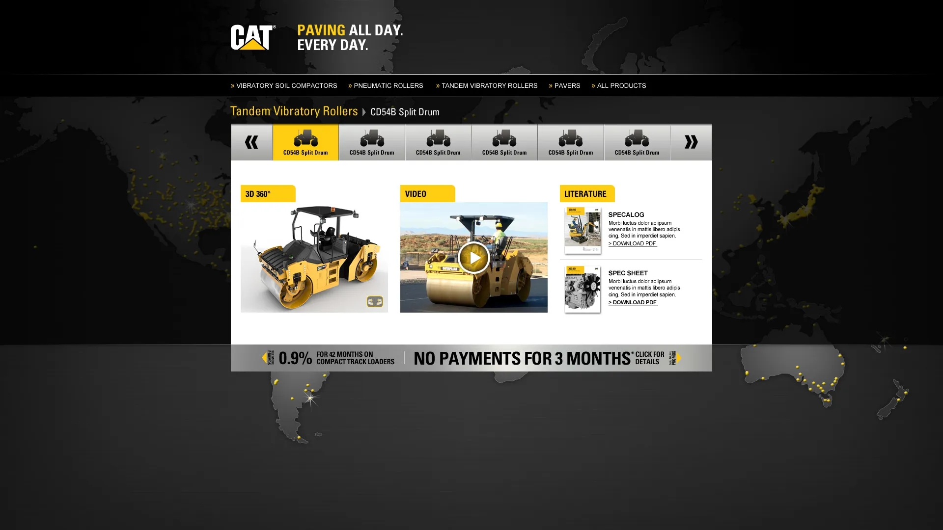 Screenshot of the CAT Paving Sales Kiosk interface displaying a 3D model of a CD54B Split Drum roller, a promotional video, and downloadable spec sheets—developed by LXE Digital to showcase equipment features and specifications in an interactive format.