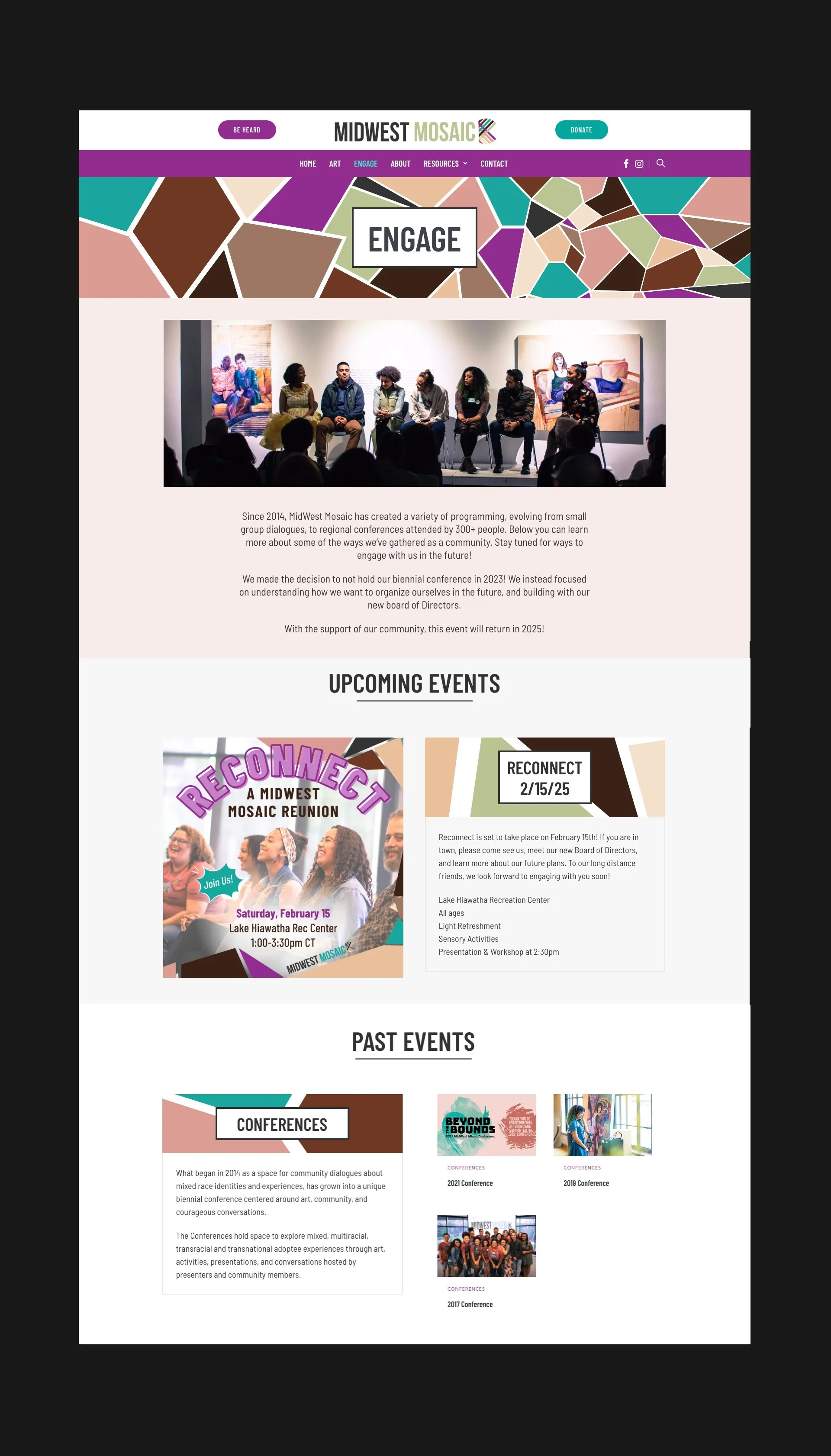 Screenshot of the MidWest Mosaic events page showing upcoming events. Includes event details and a promotional image of smiling attendees. Below is a section titled ‘Past Events’ with links to previous conferences.
