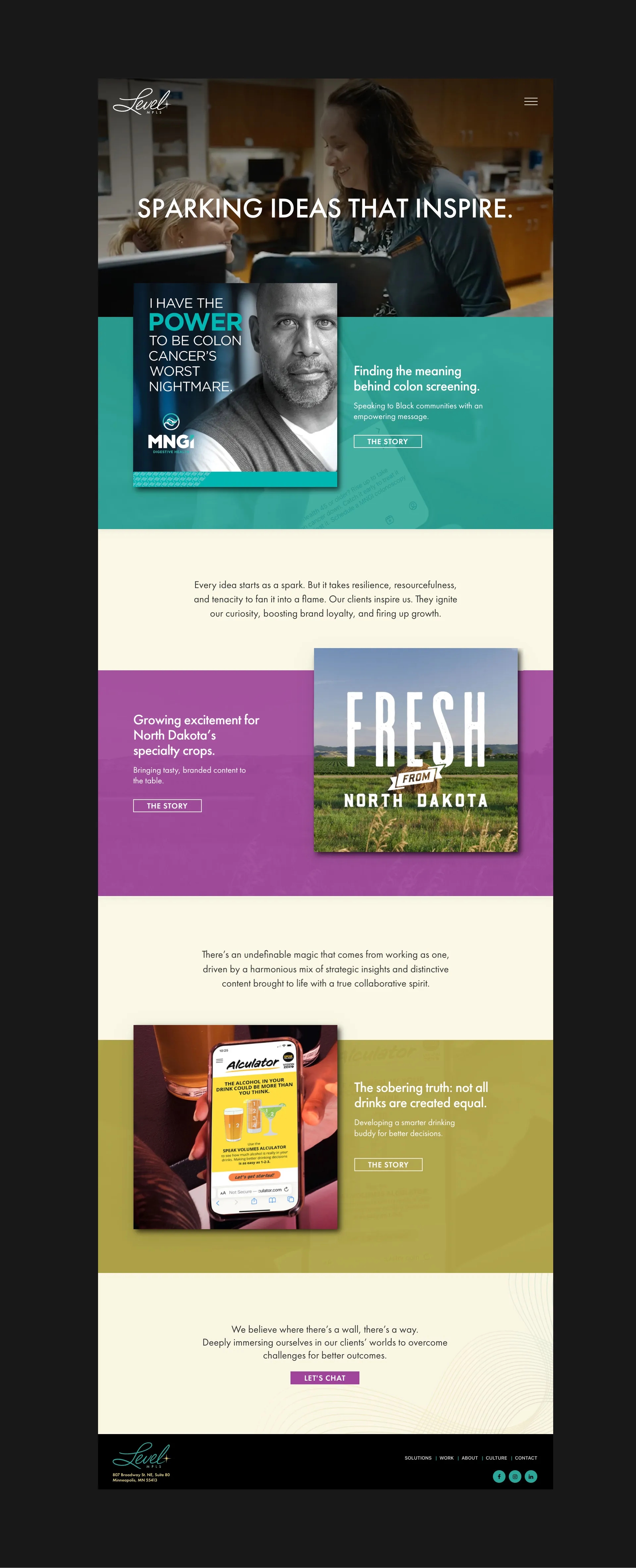 Interior page of the Level MPLS site showcasing bold brand messaging and clean layout, designed and developed by LXE Digital