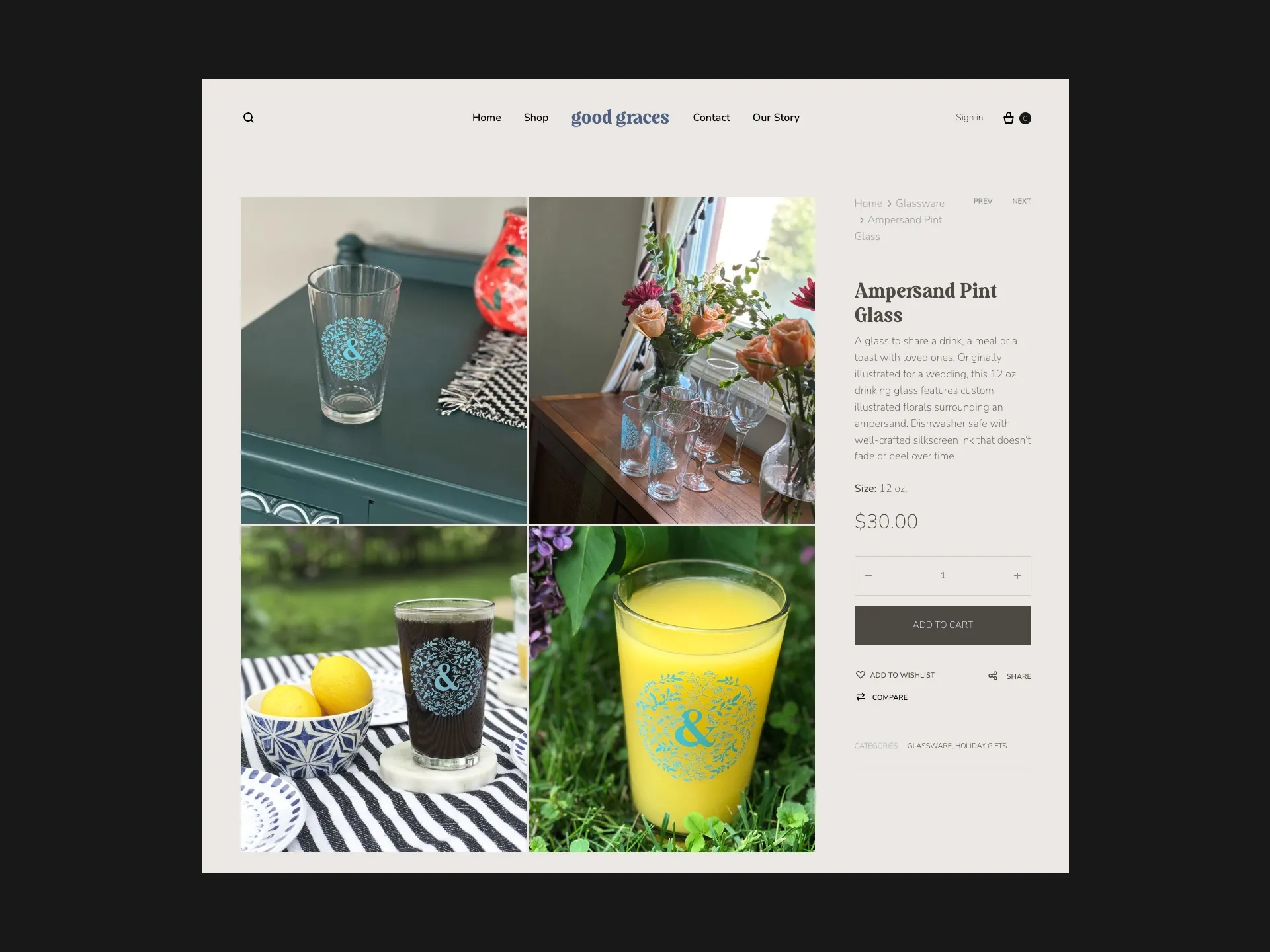 Screenshot of the Ampersand Pint Glass product page from the Good Graces e-commerce site, featuring custom glassware with blue floral ampersand design, built by LXE Digital for artist Melanie Walby