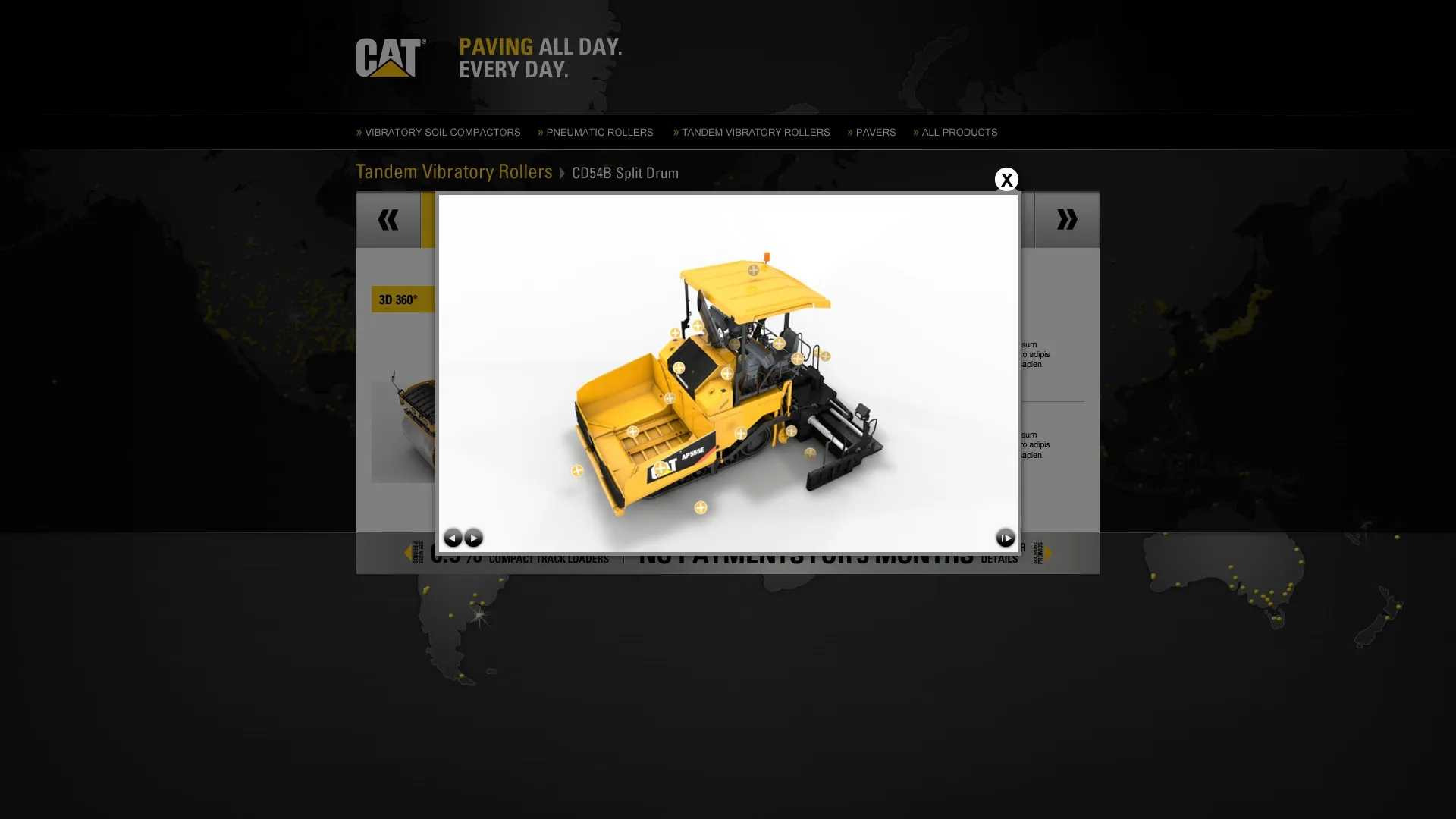 Close-up of the 360° view feature on the CAT Paving Sales Kiosk showing a detailed 3D model of a paving machine with interactive hot spots—demonstrating LXE Digital’s work building a tactile, sales-focused digital experience for trade show and dealership environments.