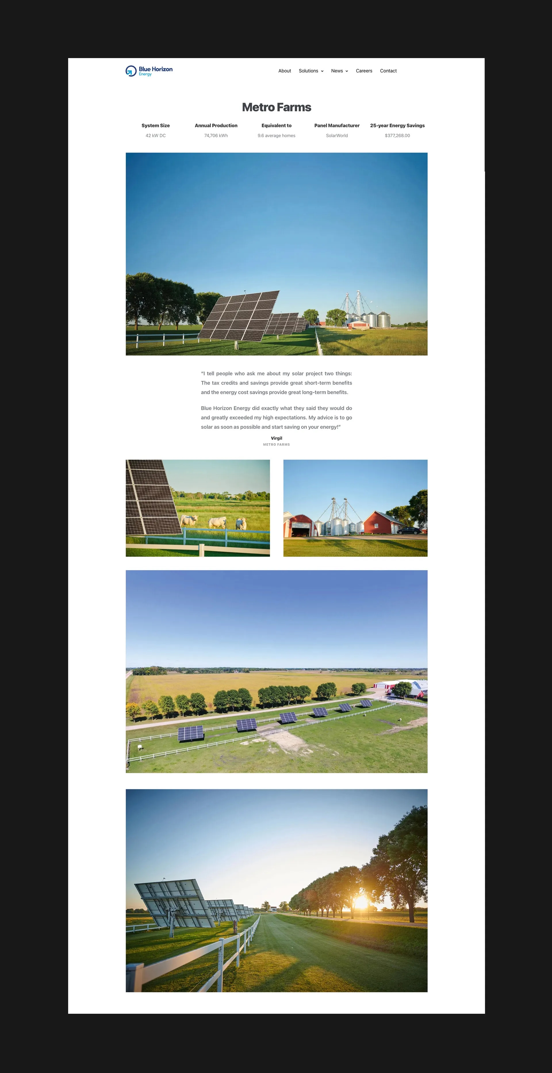 Screenshot of the Metro Farms portfolio page on the Blue Horizon Energy website developed by LXE Digital, displaying a solar installation in a rural Minnesota landscape with data on system size, energy production, and savings—highlighting LXE Digital’s custom WordPress design for the renewable energy industry.