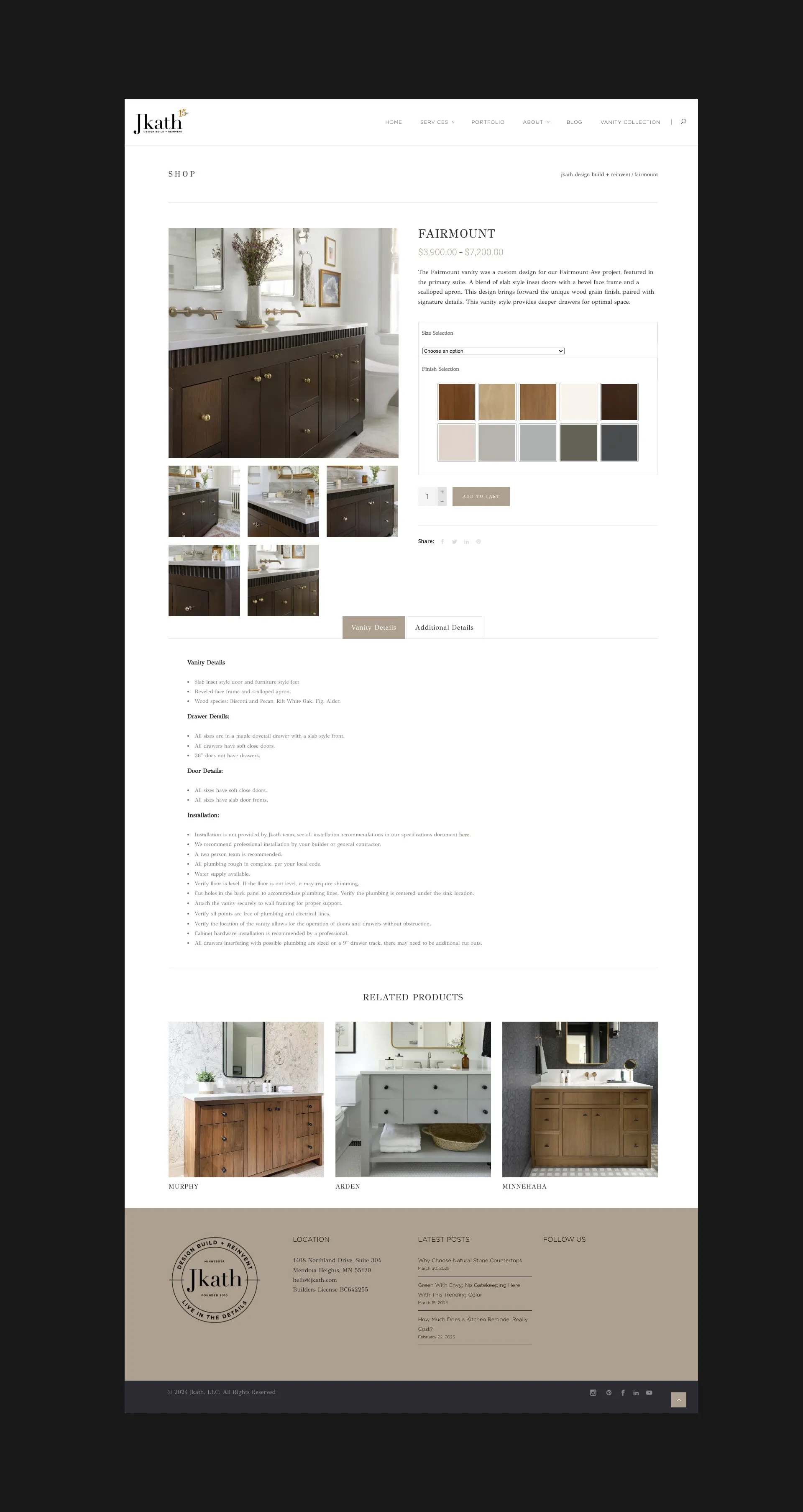 Interior product page of the Jkath e-commerce site, designed by LXE Digital to highlight custom cabinetry with integrated shipping and checkout functionality