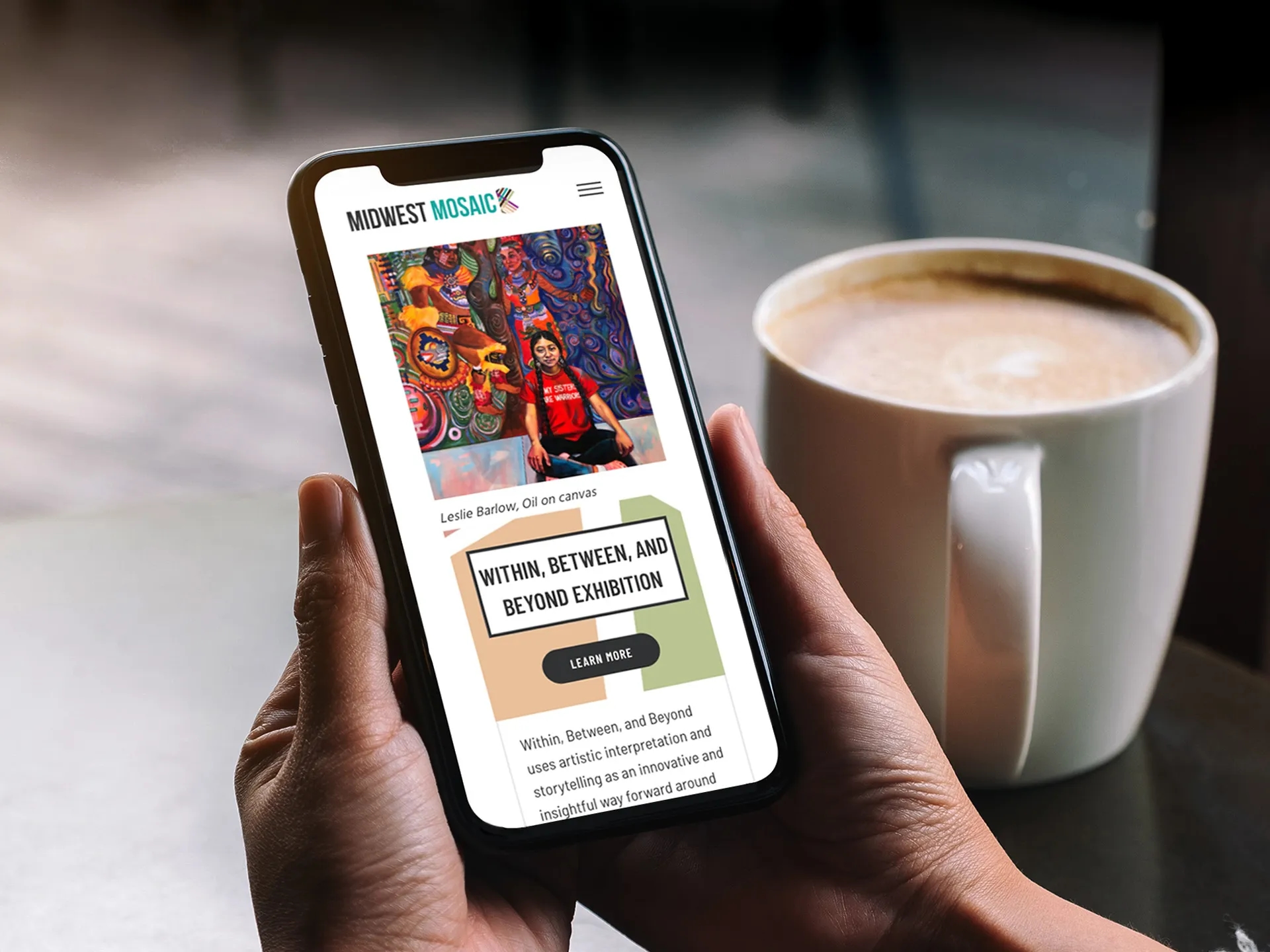 Person browsing the MidWest Mosaic mobile website built by LXE Digital, showcasing a custom WordPress site for a community-focused arts organization