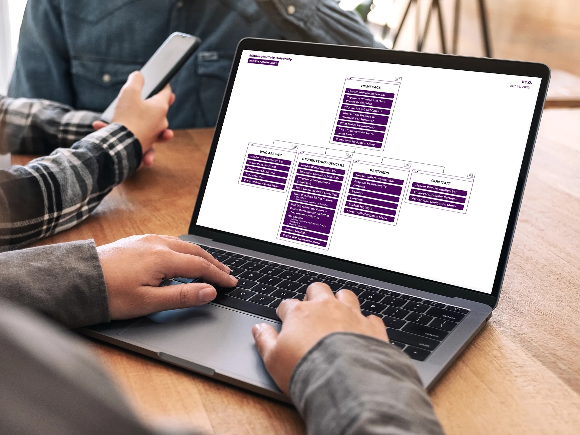 Person reviewing the MinnPoly website architecture diagram on a laptop, outlining the site’s page structure as part of the UX strategy developed by LXE Digital