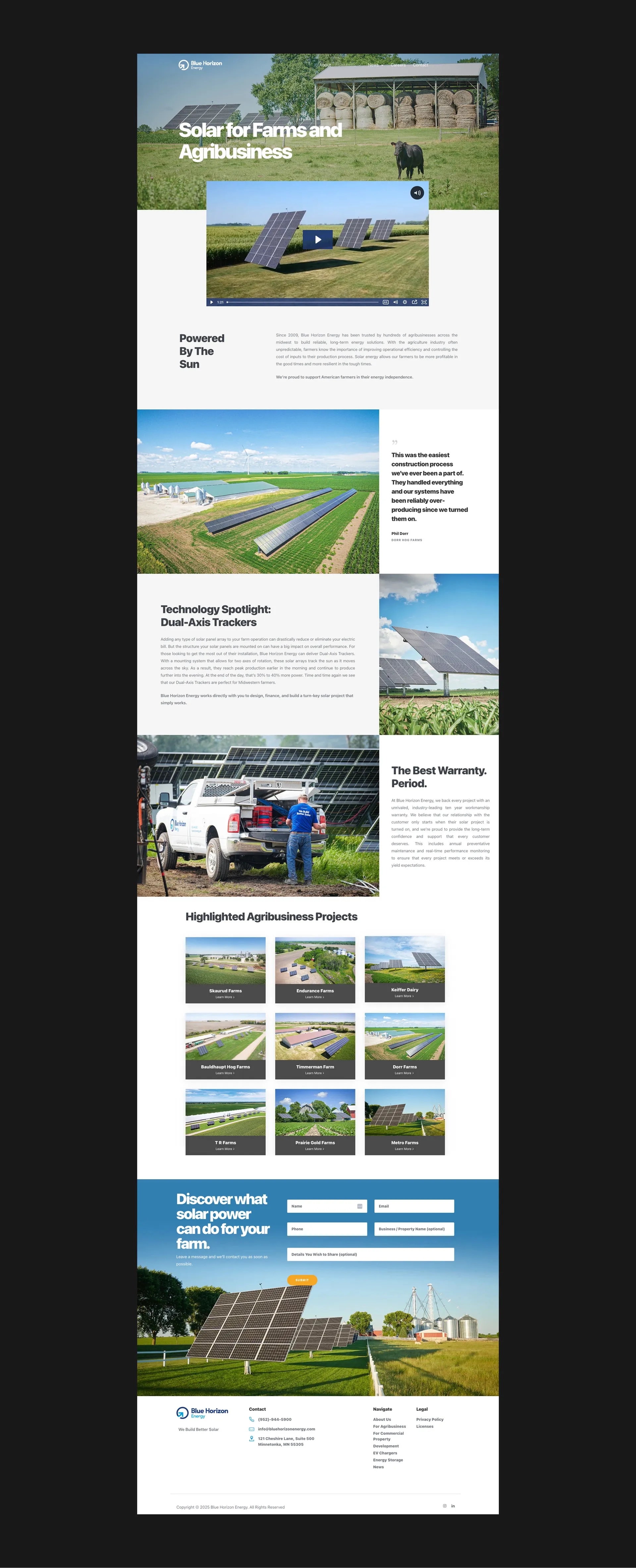 Screenshot of the 'Solar for Farms and Agribusiness' services page on the Blue Horizon Energy website, designed by LXE Digital, featuring a solar array on farmland, a cow near hay bales, and a video preview—demonstrating LXE Digital’s user-centered web development for clean energy clients.