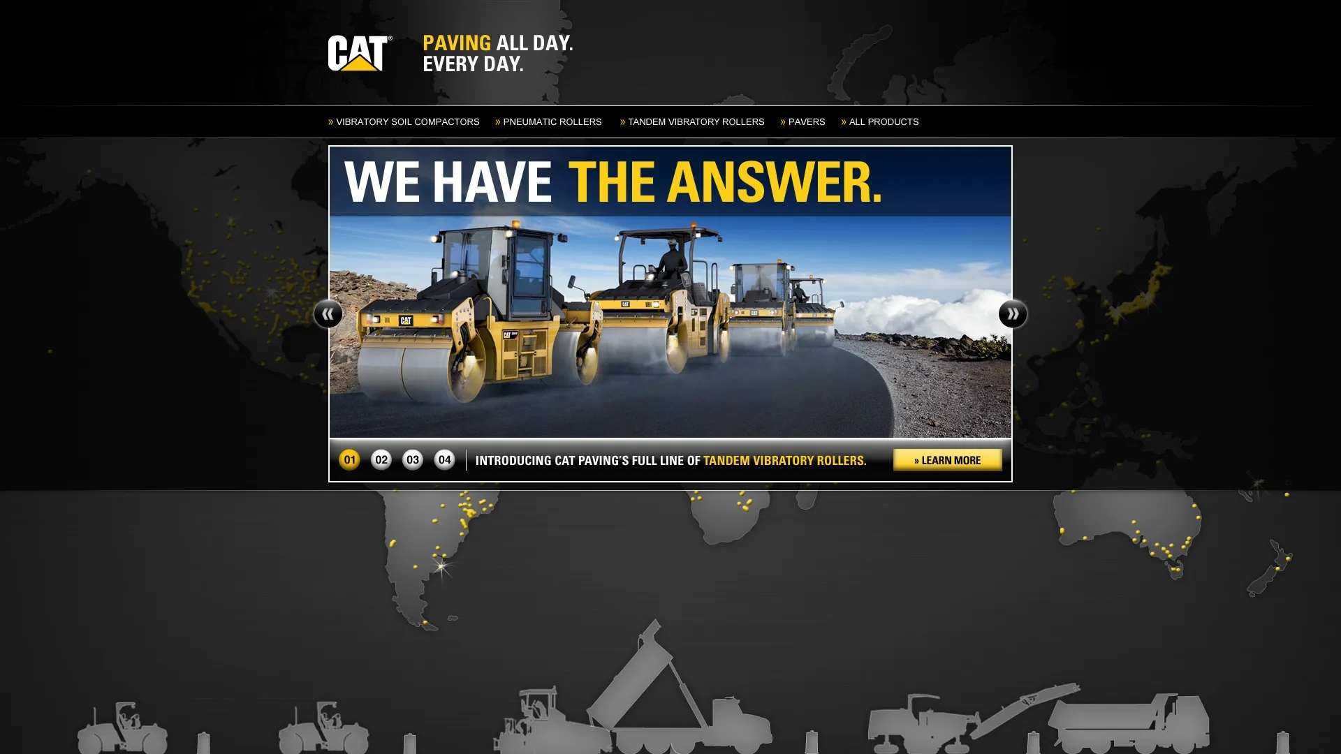 CAT Paving homepage interface with a bold headline “We Have the Answer” overlaid on a graphic of multiple tandem vibratory rollers—part of an LXE Digital-designed kiosk that highlights CAT’s paving product line through immersive, visually engaging presentations.