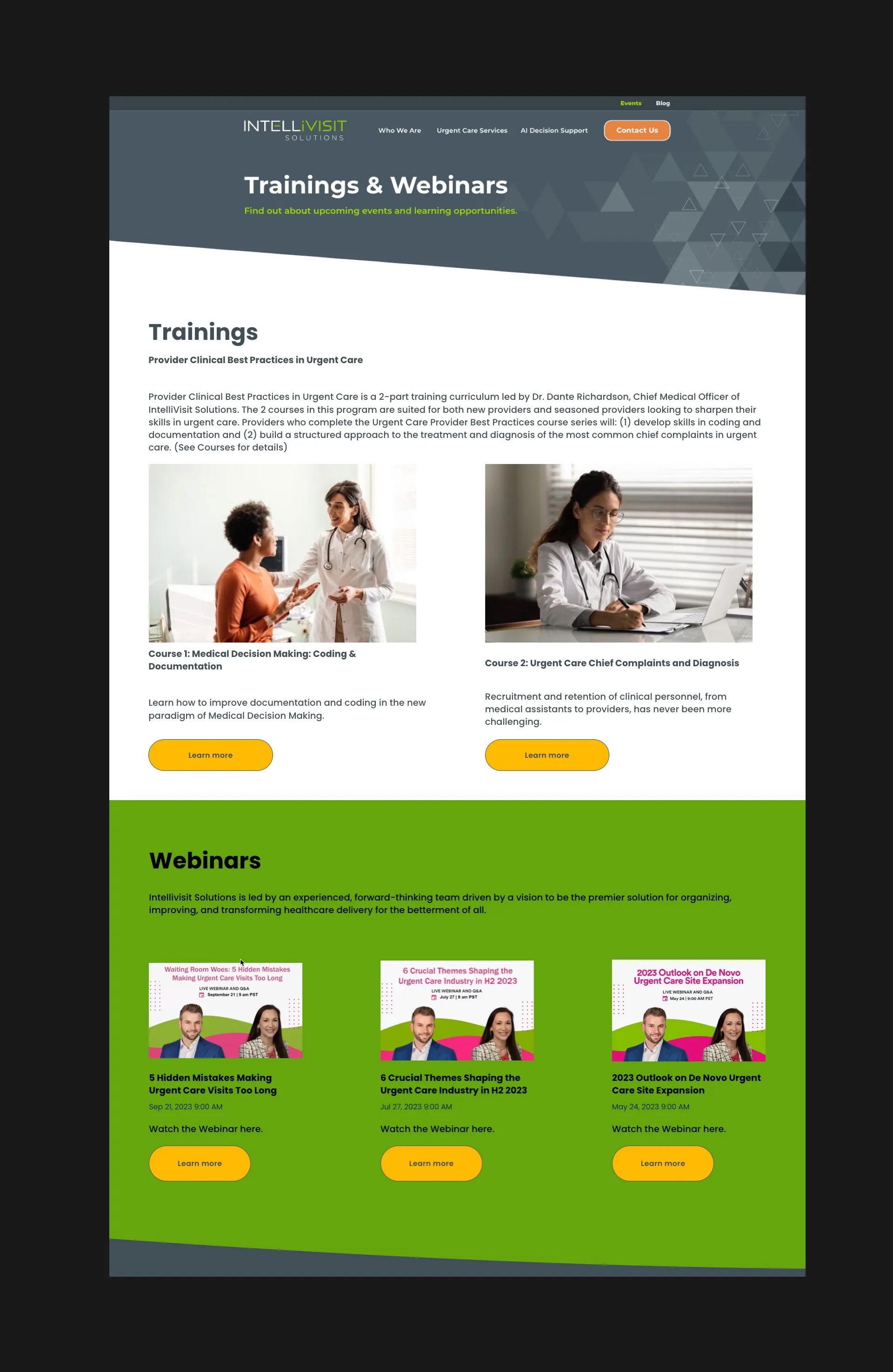 Screenshot of Intellivisit’s Trainings & Webinars page featuring course listings for urgent care providers, part of the custom website designed by LXE Digital to support continuing education and clinical learning