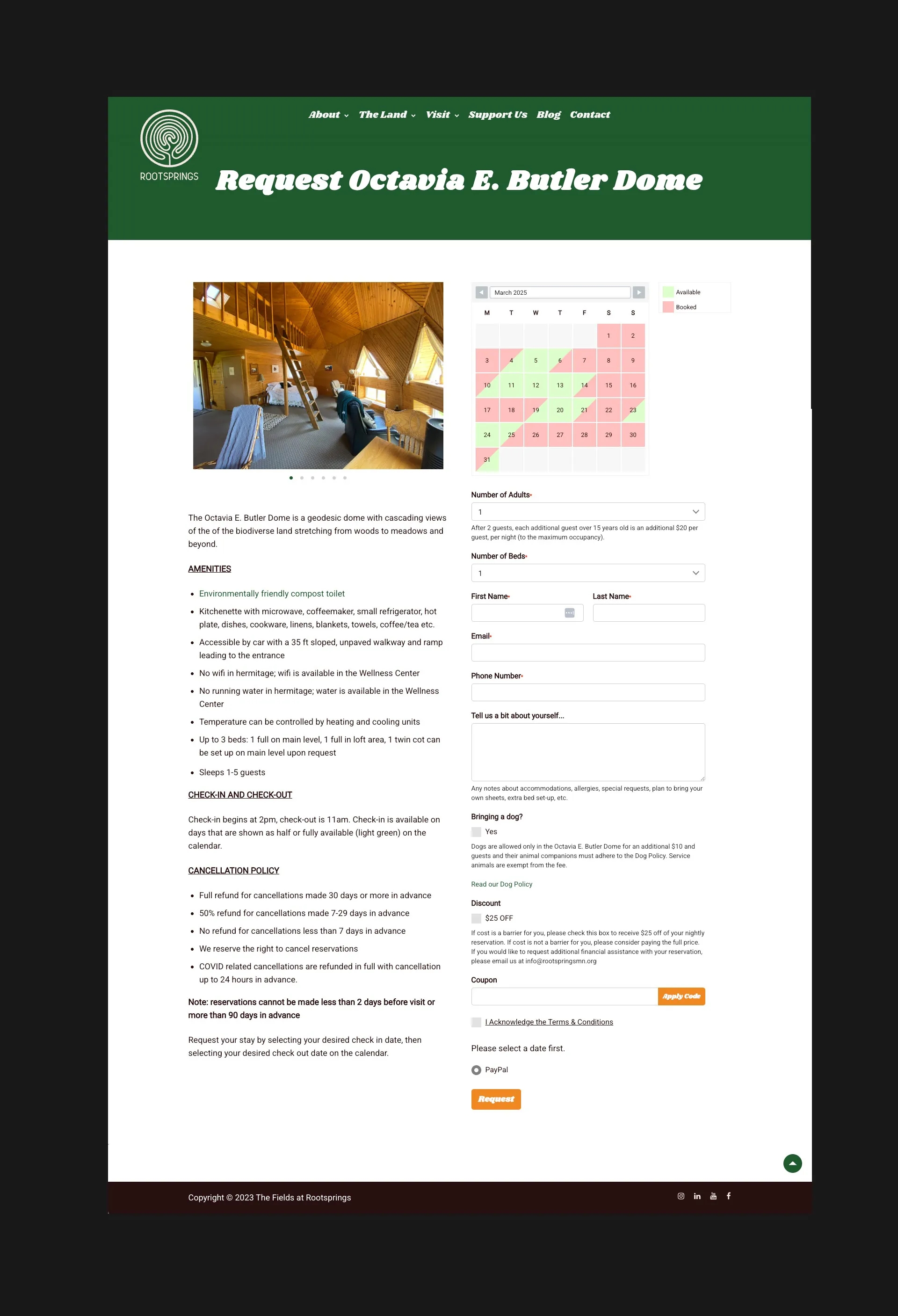 Screenshot of the Rootsprings booking page for the Octavia E. Butler Dome cabin, featuring availability calendar, rental details, and custom reservation form designed by LXE Digital
