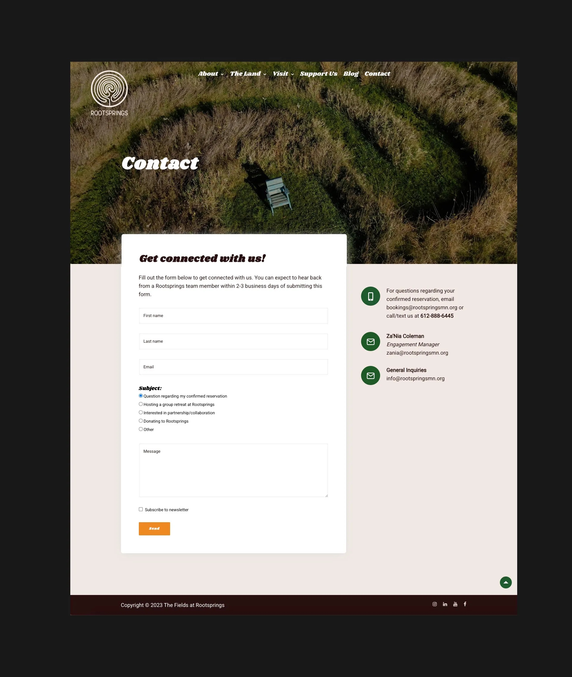 Screenshot of the Rootsprings Contact page featuring a custom inquiry form, staff contact details, and a welcoming design developed by LXE Digital to support guest communication