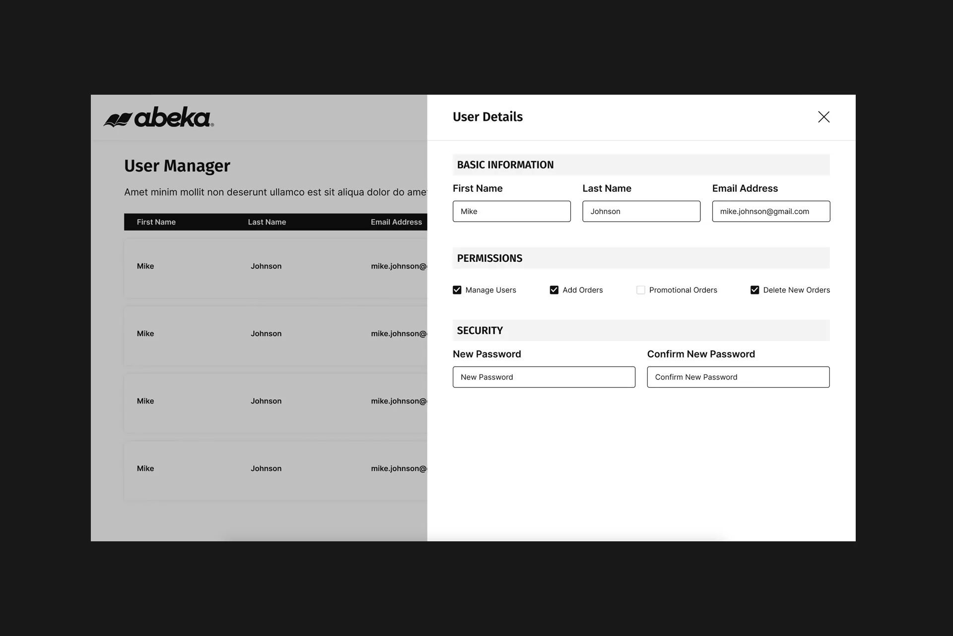 Wireframe interface of the Abeka Academy user management system, designed by LXE Digital, showing a user details panel with editable fields for name, email, permissions, and password reset.