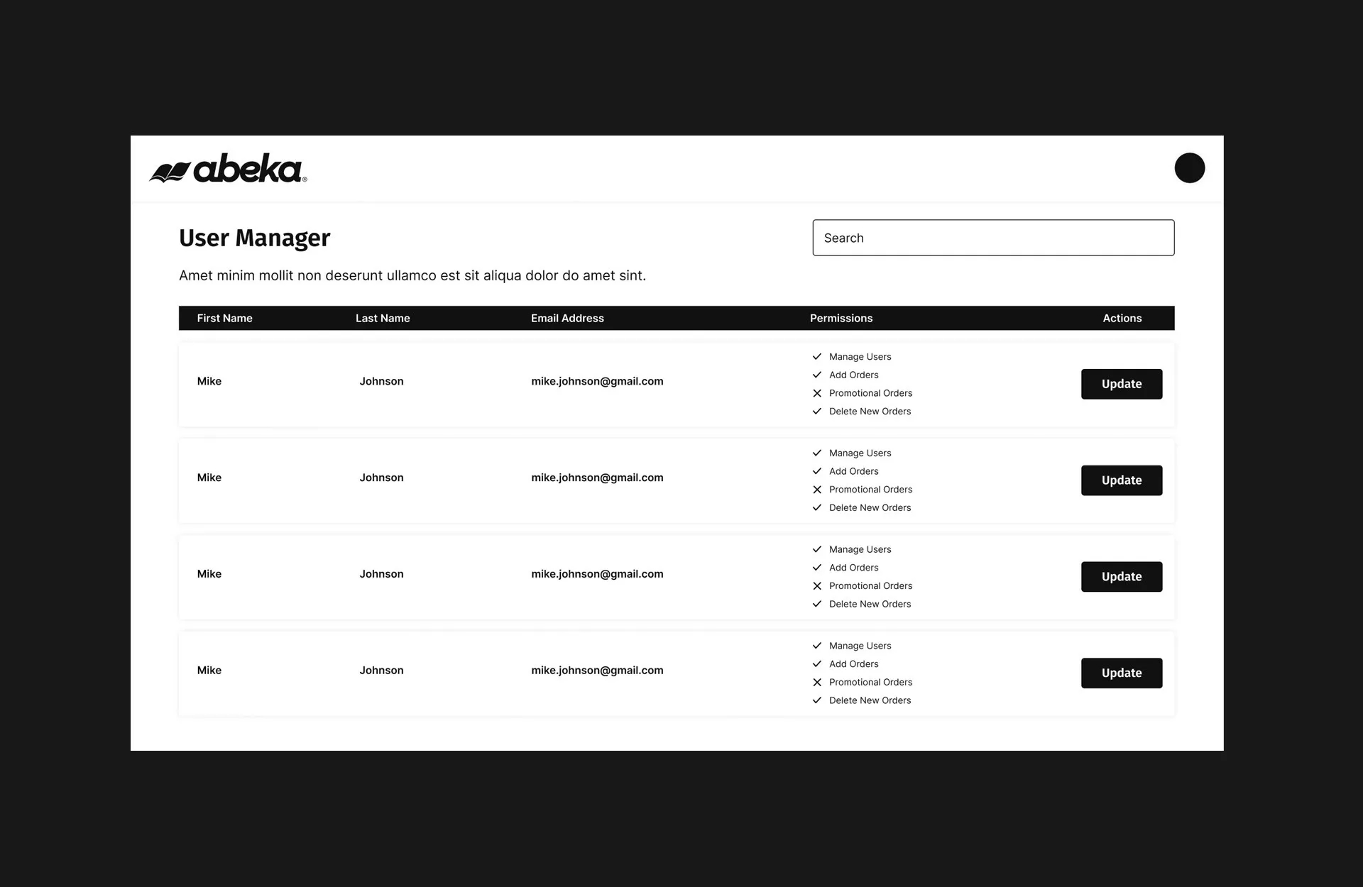 High-fidelity wireframe of the Abeka Academy user management dashboard created by LXE Digital