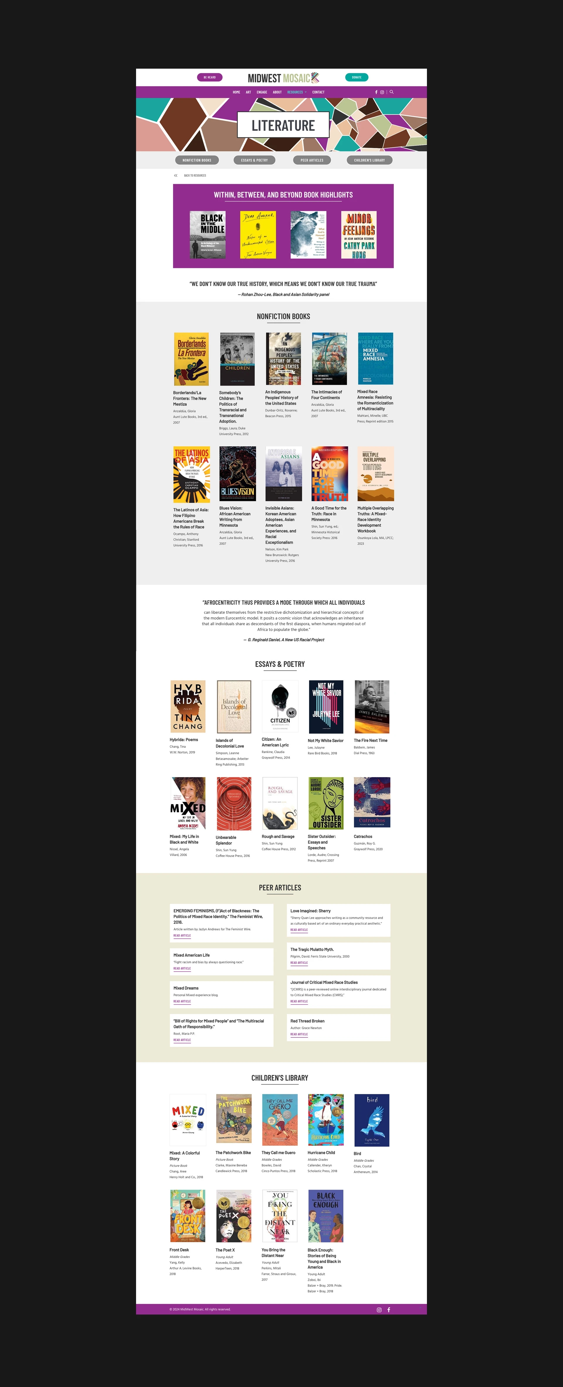 Screenshot of the Literature section within the searchable ‘Resources’ area of the MidWest Mosaic website, featuring curated literature and book highlights. The vibrant design and user-friendly layout were developed by LXE Digital to support community learning and accessibility.