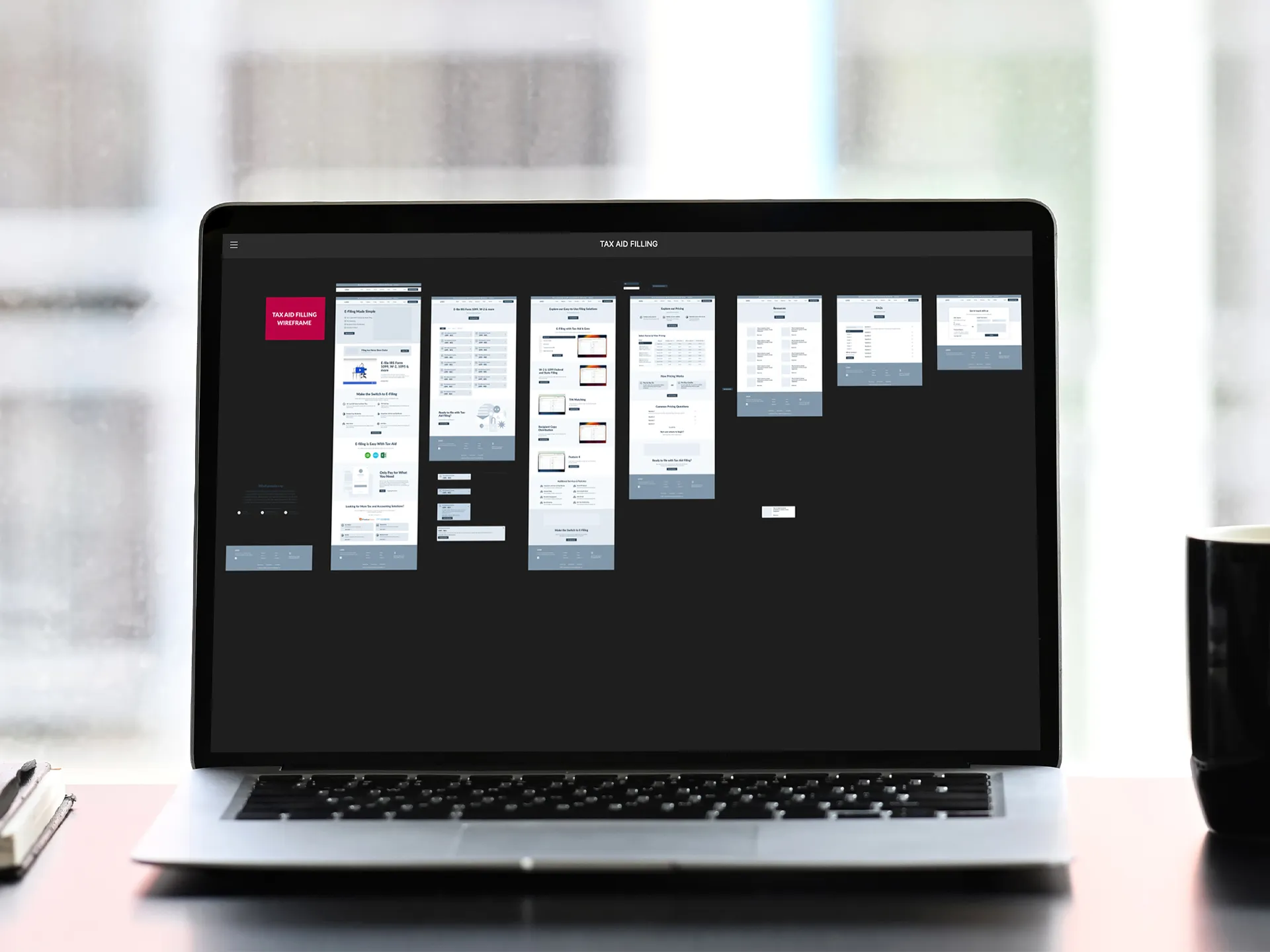 Laptop displaying wireframes for the Tax-Aid Filing website, designed by LXE Digital as part of a full-service UX/UI project that included site architecture, prototypes, and interface planning.