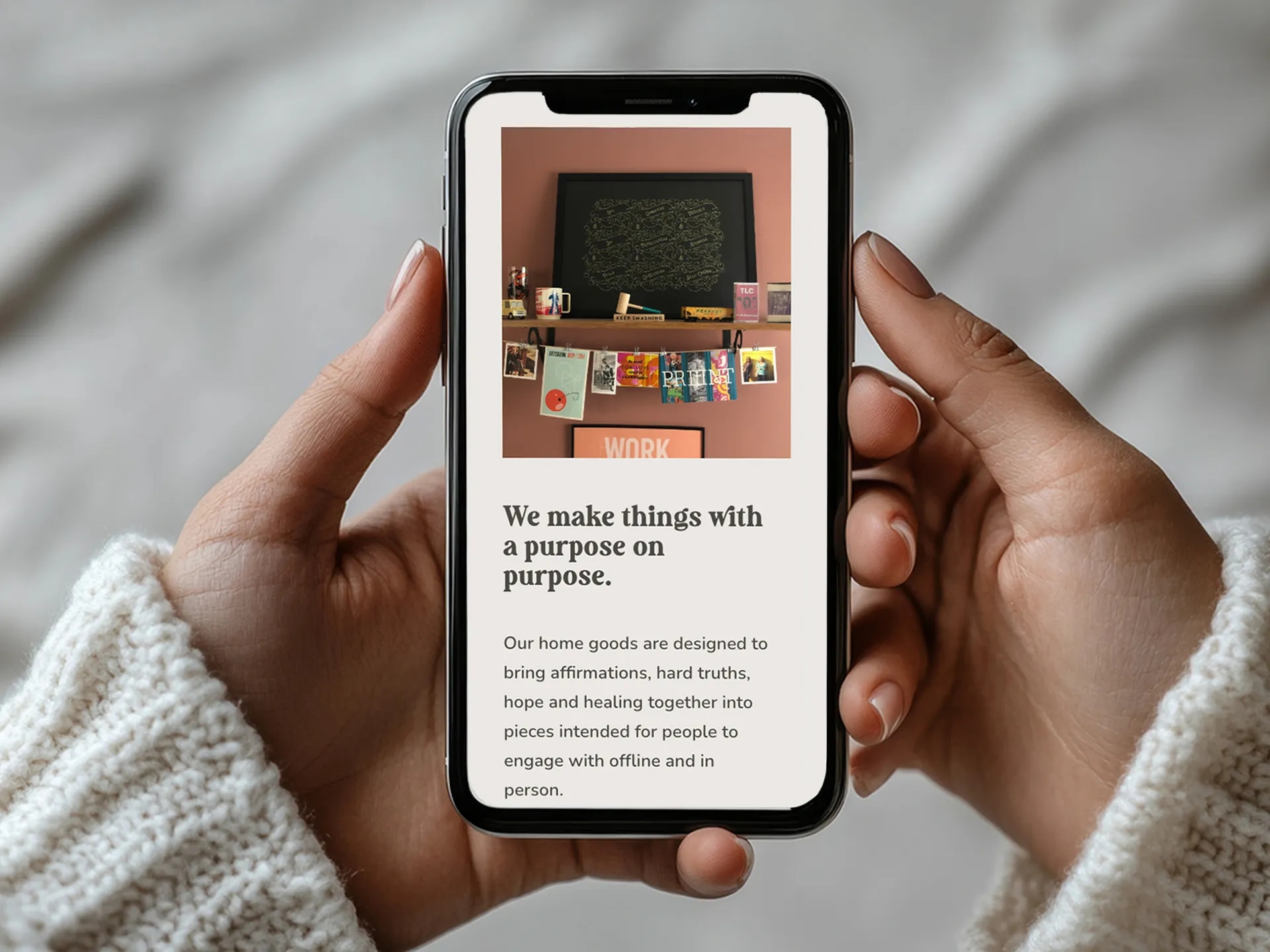 Mobile view of the Good Graces website displaying a mission-driven statement about purposeful design, with an image of colorful printed artwork and zines, created as part of LXE Digital’s custom site for Melanie Walby’s brand.