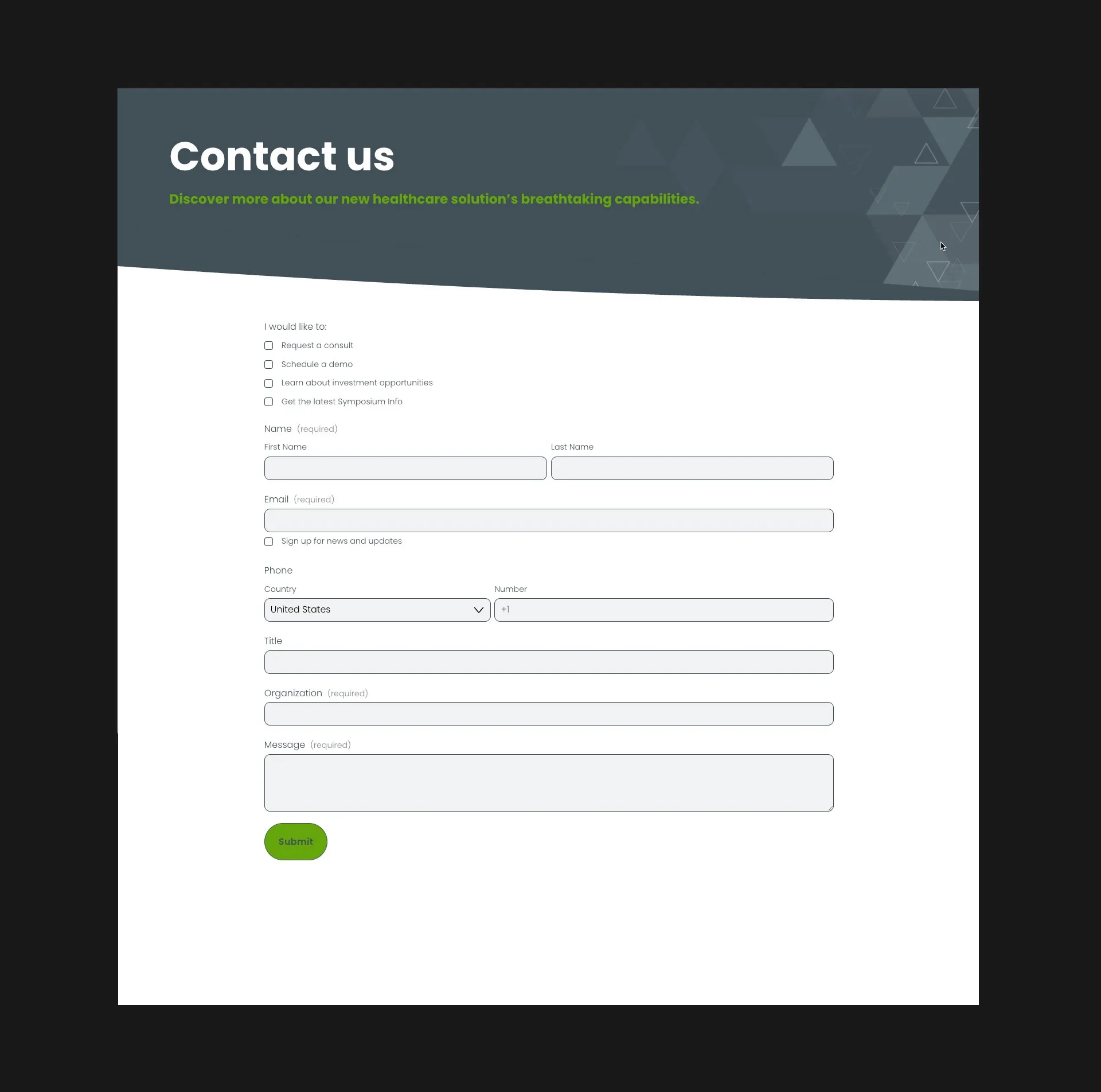 Screenshot of Intellivisit’s Contact Us page featuring a detailed inquiry form, part of the custom website developed by LXE Digital for a healthcare technology company