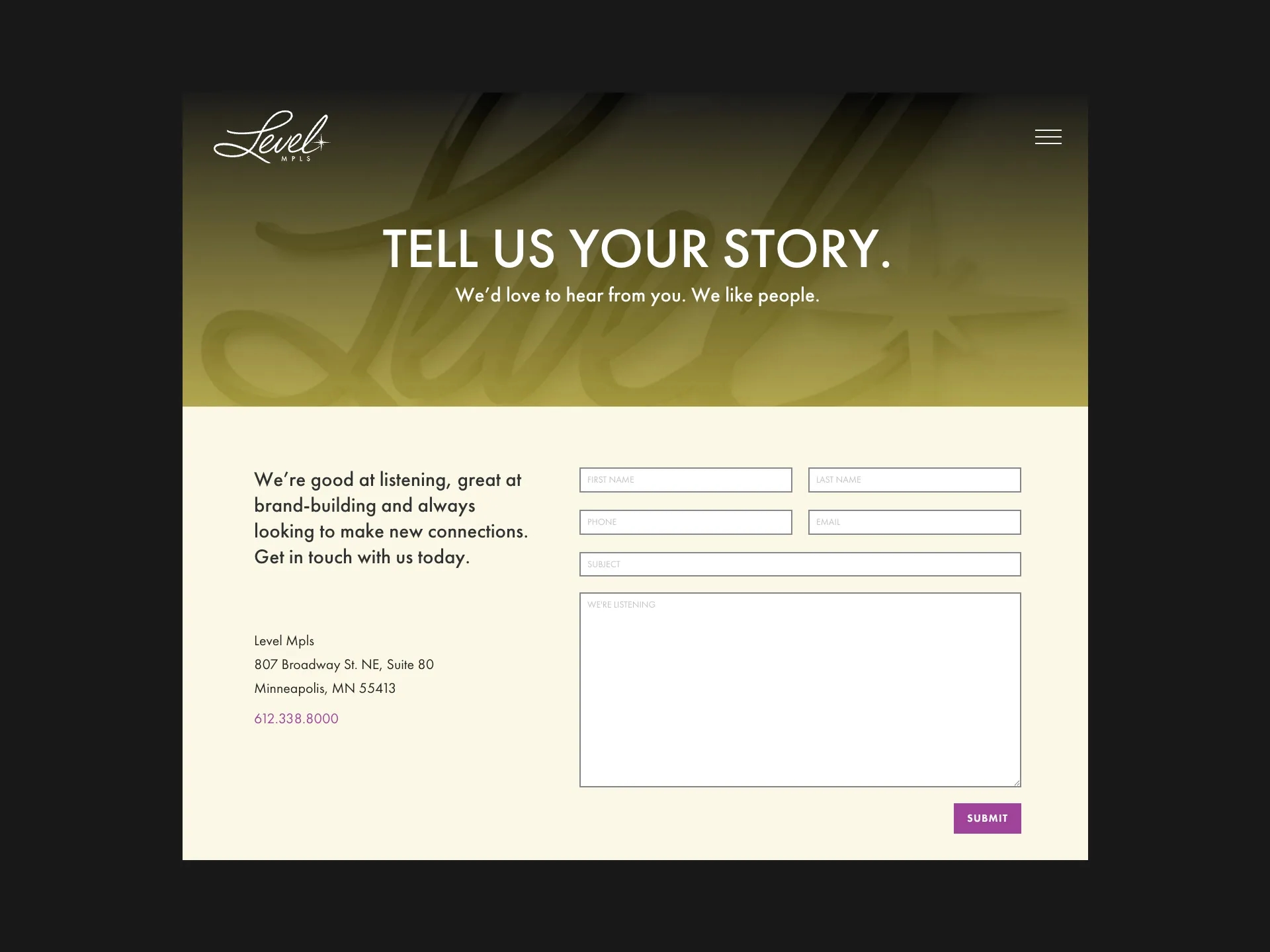 Contact page of the Level MPLS website, featuring a bold design and clear call-to-action, developed by LXE Digital for easy client engagement