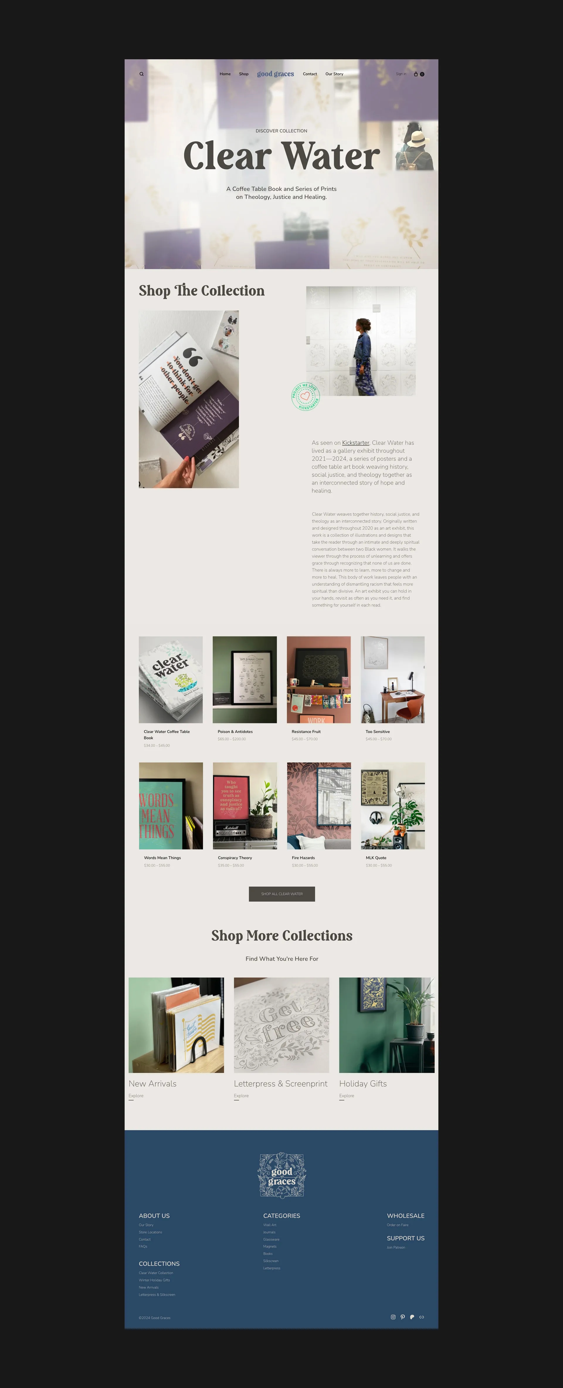 Screenshot of the Good Graces Clear Water collection landing page, featuring product photography and editorial design from a custom e-commerce website built by LXE Digital for artist Melanie Walby