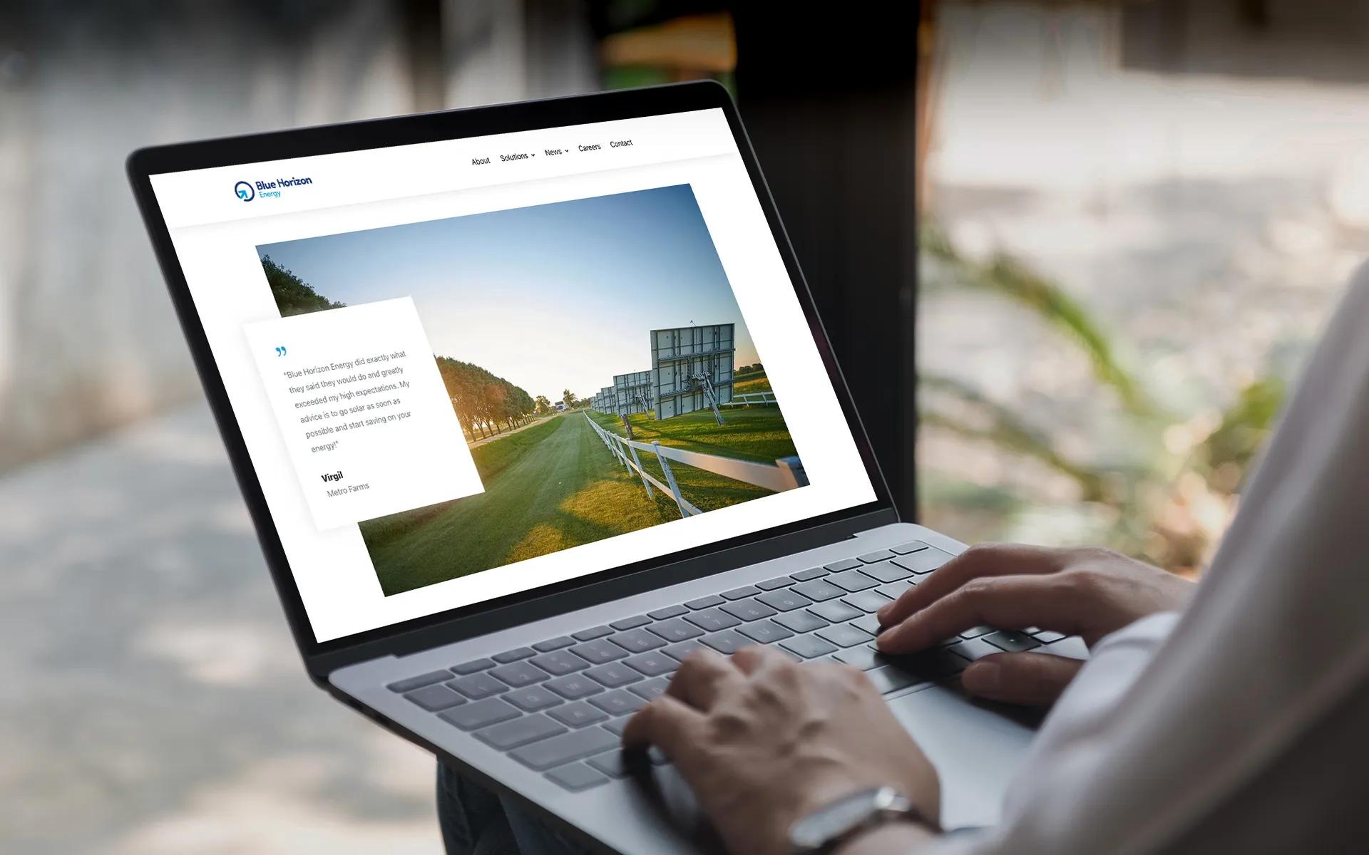 Laptop displaying the Blue Horizon website homepage, developed by LXE Digital for a renewable energy company based in Minnesota