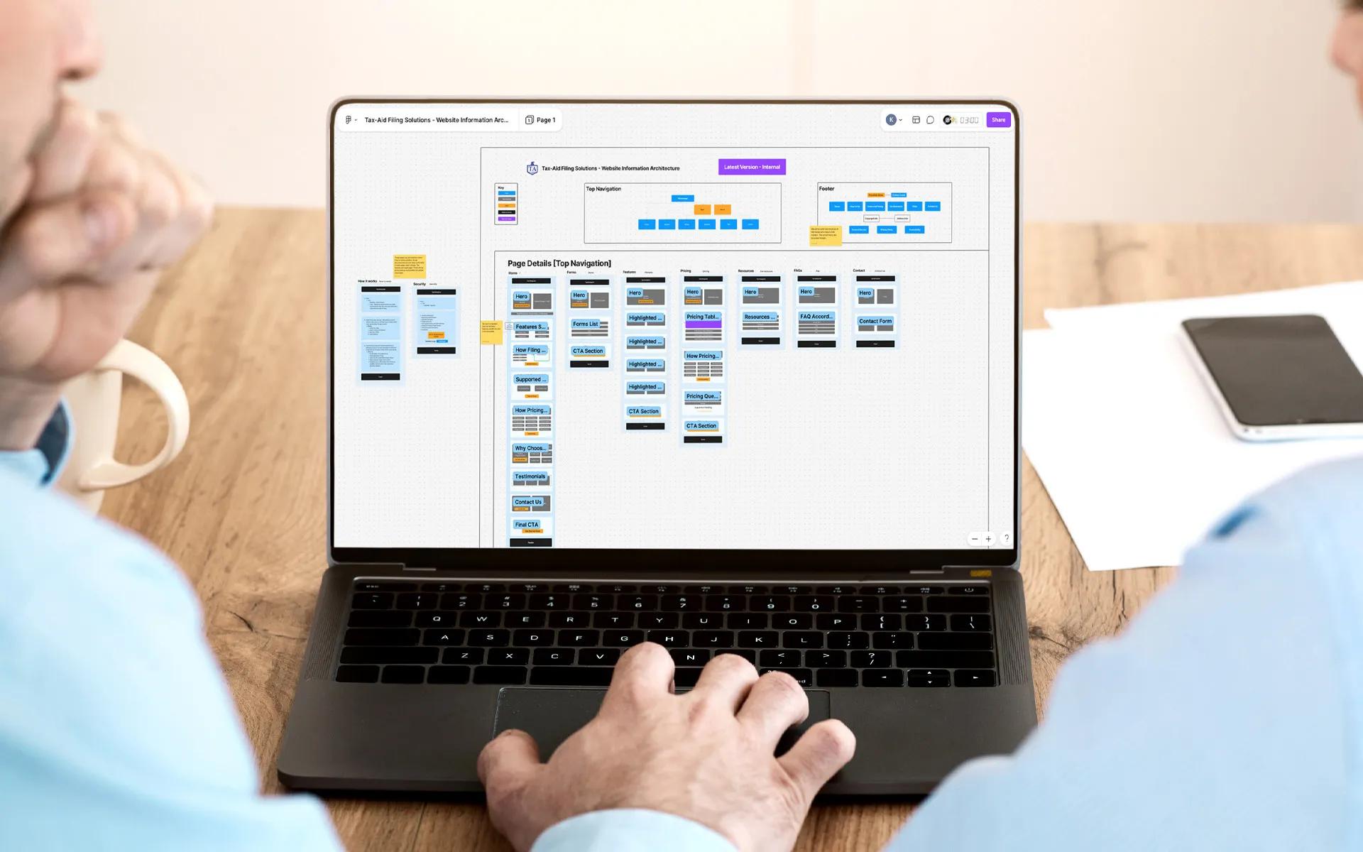 Two people reviewing Tax-Aid Filing’s website architecture and site map, created by LXE Digital during a full-service UX/UI design project