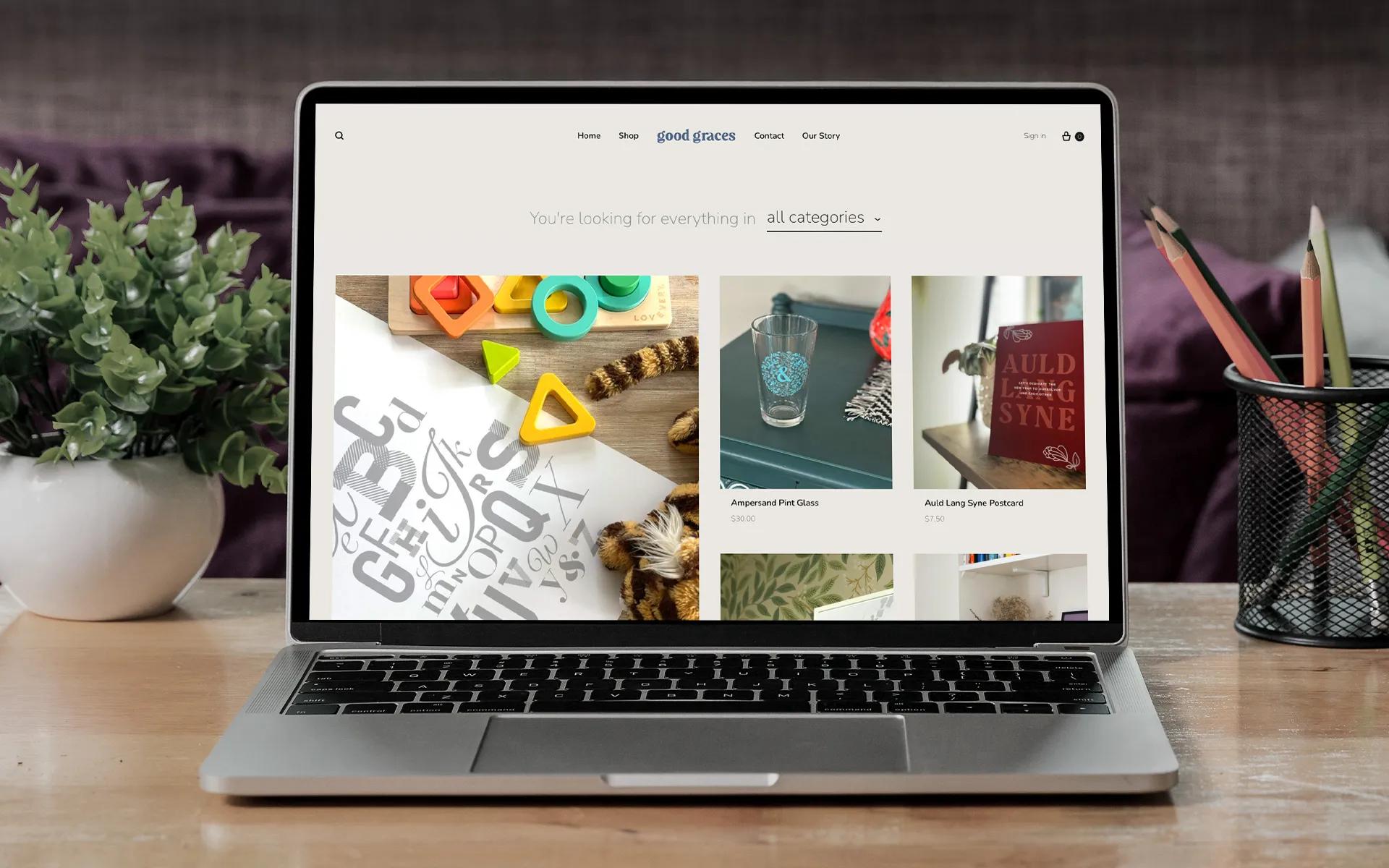 Custom e-commerce website for Good Graces displayed on a laptop, built by LXE Digital in collaboration with designer Melanie Walby