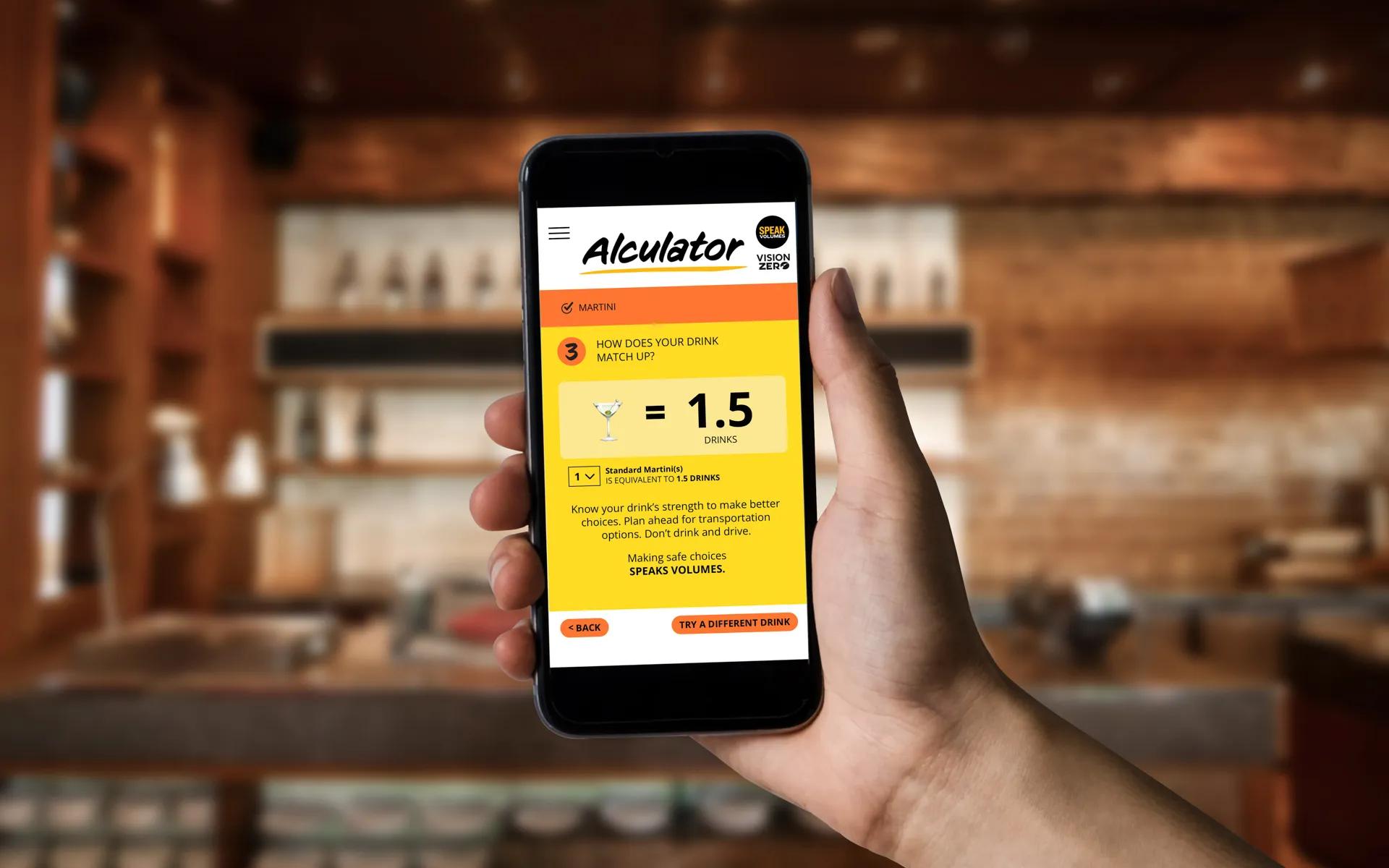 Person using the Speak Volumes ‘Alculator’ web app on a mobile phone, developed by LXE Digital and Level MPLS to promote public safety through drink-strength awareness